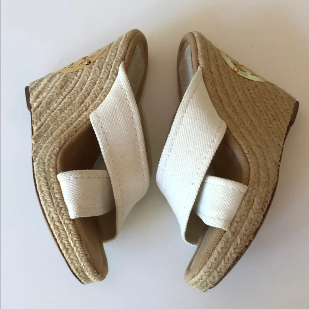Tory Burch White Canvas Crisscross Espadrille Wedge Sandals with Gold Logo